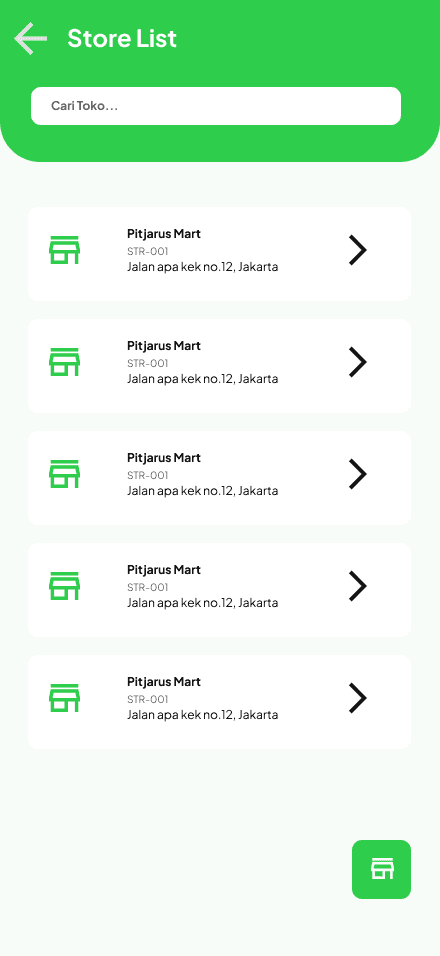 Layar daftar toko MerchGo